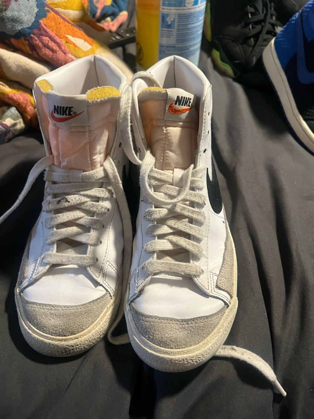 Nike White and Black High-Top Sneakers with Beige Suede